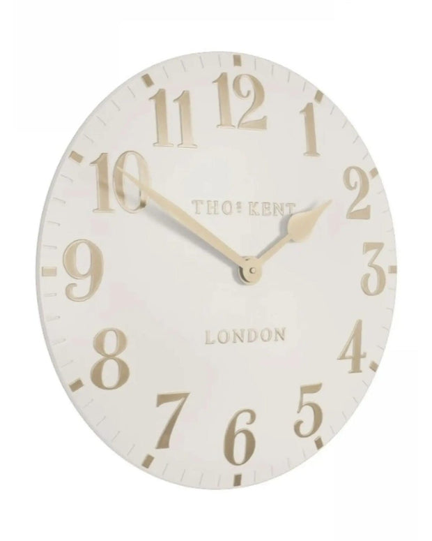 Thomas Kent 12-inch Arabic wall clock in oatmeal white, decorative clock with black Arabic numerals and modern design.