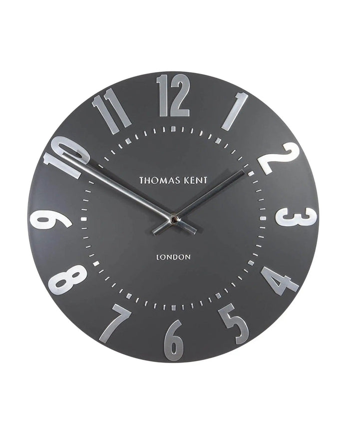 Thomas Kent 12-inch Mulberry wall clock in graphite silver with a modern, sleek design, perfect for stylish home decor.