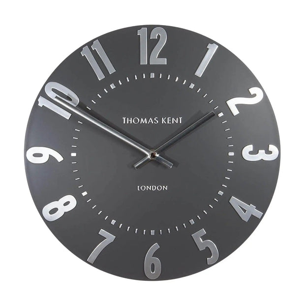 Thomas Kent 12-inch Mulberry wall clock in graphite silver with a modern, sleek design, perfect for stylish home decor.