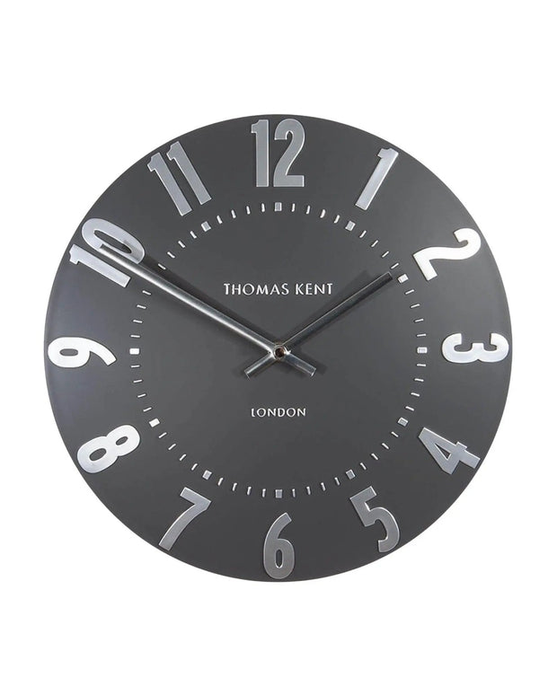 Thomas Kent 12-inch Mulberry wall clock in graphite silver with a modern, sleek design, perfect for stylish home decor.