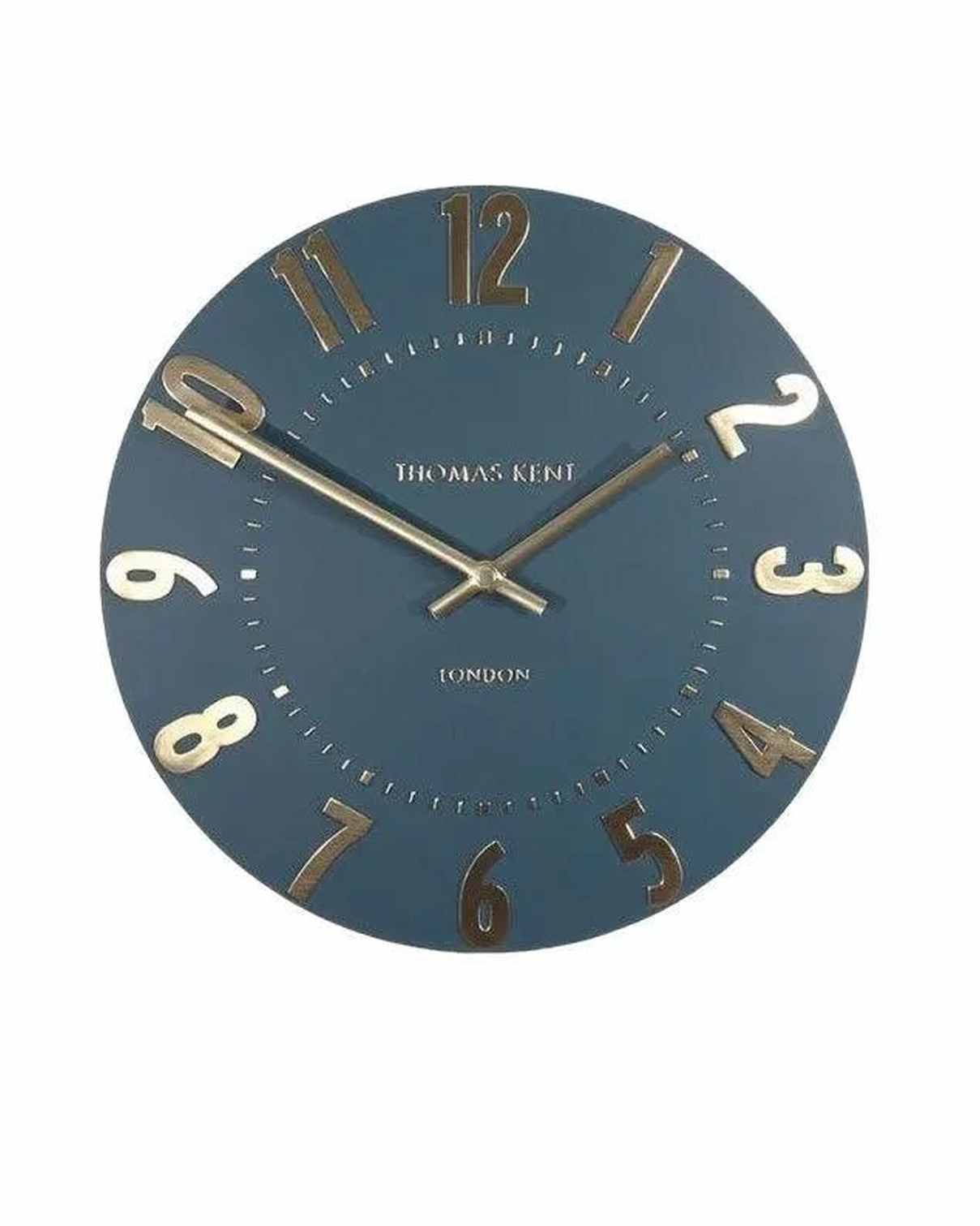 Thomas Kent 12-inch Mulberry Wall Clock in midnight blue with a round face and minimalistic design, suitable for modern interiors.