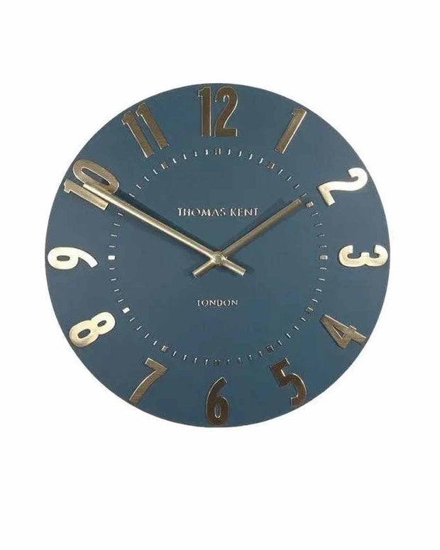Thomas Kent 12-inch Mulberry Wall Clock in midnight blue with a round face and minimalistic design, suitable for modern interiors.