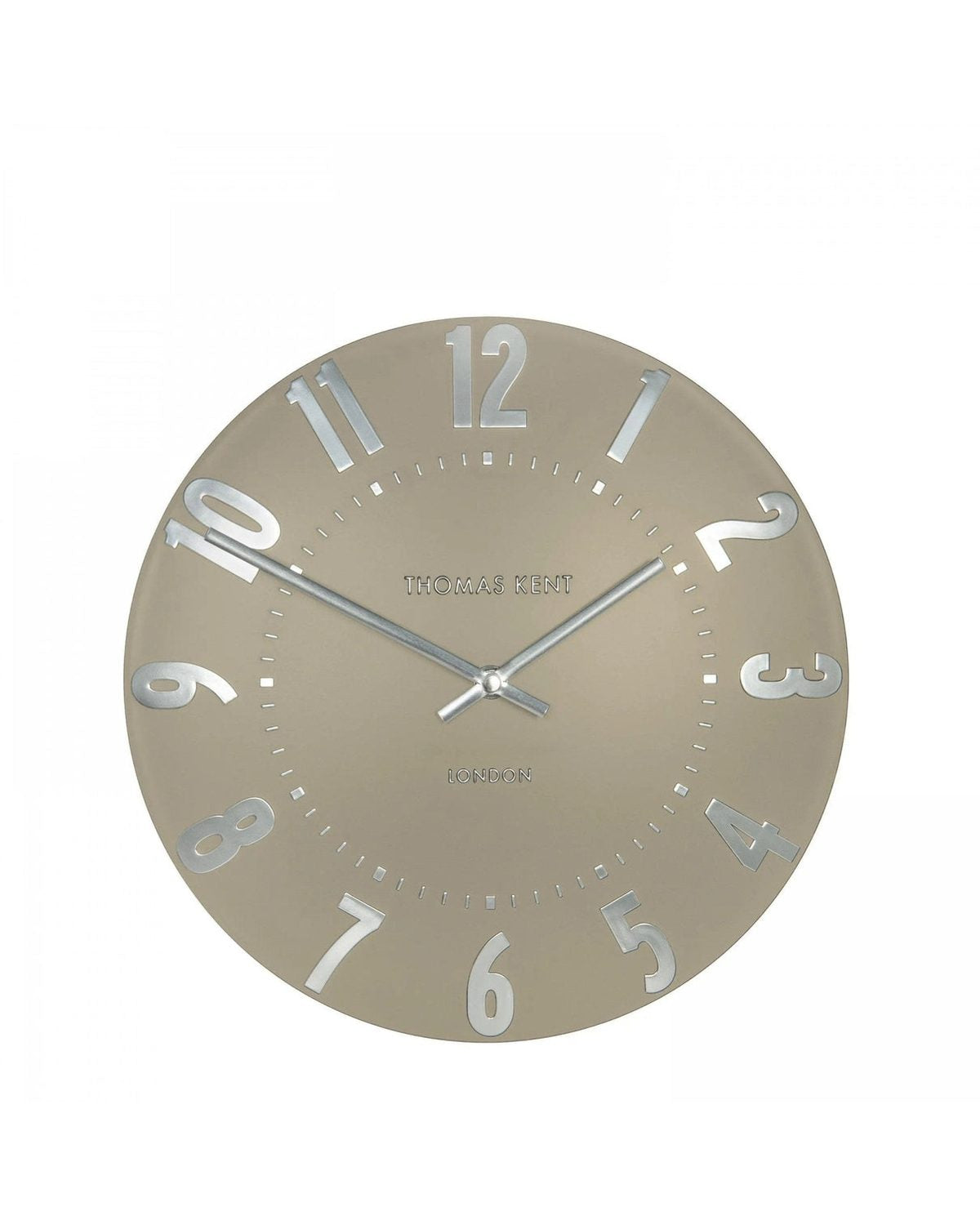 Thomas Kent 12-inch Mulberry Wall Clock in mocha taupe with a round face and minimalist design, suitable for modern home decor.