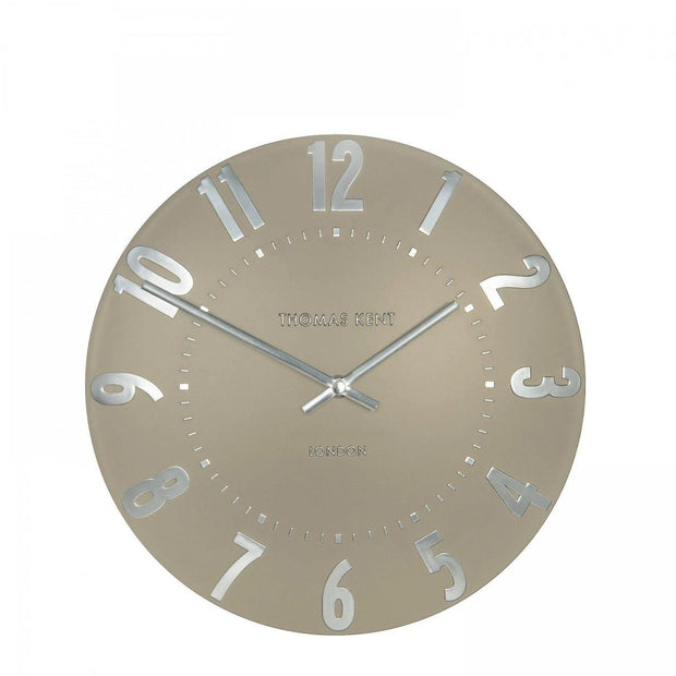 Thomas Kent 12-inch Mulberry Wall Clock in mocha taupe with a round face and minimalist design, suitable for modern home decor.