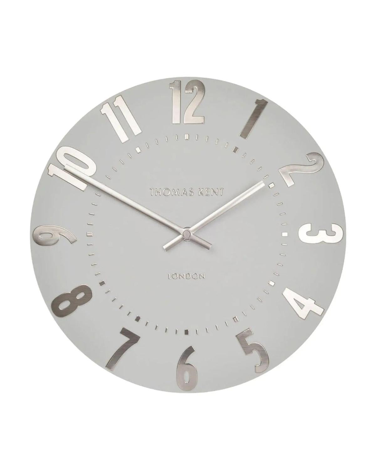 Thomas Kent 12-inch Mulberry wall clock in silver cloud finish, showcasing a sleek, modern design for stylish home decor.