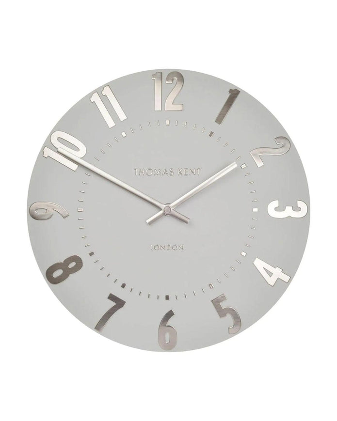 Thomas Kent 12-inch Mulberry wall clock in silver cloud finish, showcasing a sleek, modern design for stylish home decor.