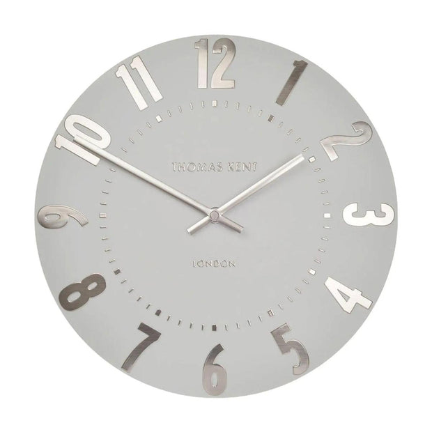 Thomas Kent 12-inch Mulberry wall clock in silver cloud finish, showcasing a sleek, modern design for stylish home decor.