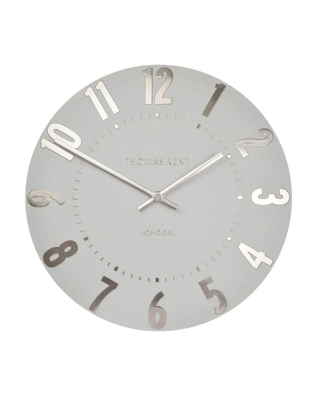 Thomas Kent 12-inch Mulberry wall clock in silver cloud finish, showcasing a sleek, modern design for stylish home decor.