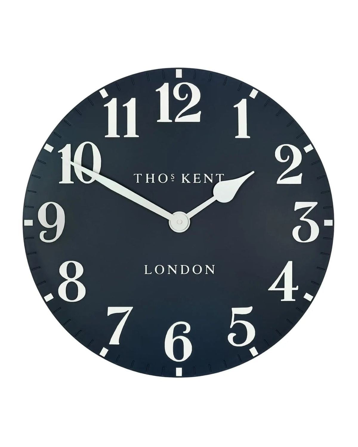 Thomas Kent 20-inch Arabic wall clock in ink blue with bold black numerals, stylishly displayed on a wall.