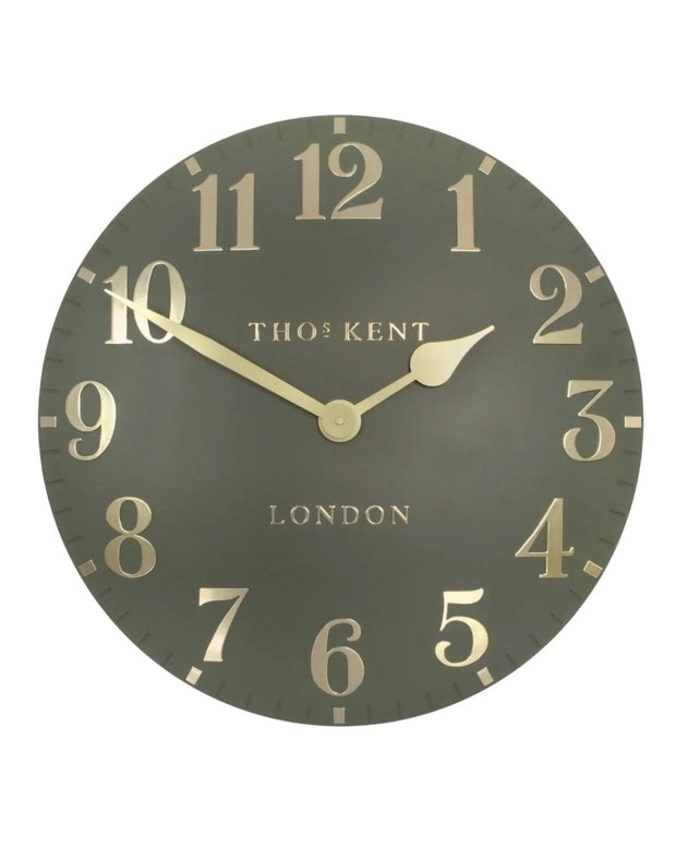 Thomas Kent 20-inch Arabic wall clock in lichen green, stylish clock from Gallery Direct featuring bold Arabic numerals.