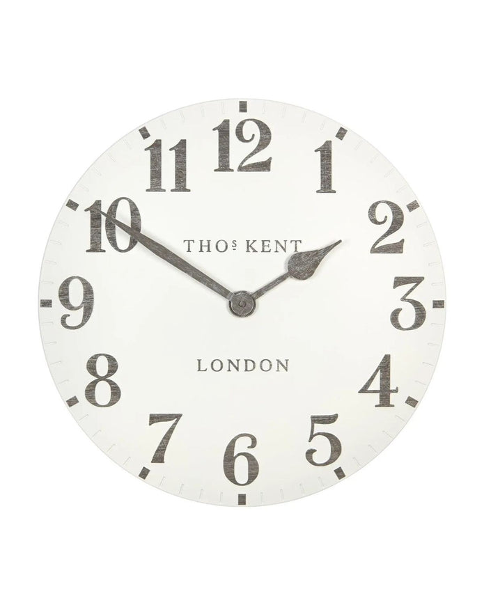Thomas Kent 20-inch Arabic wall clock by Gallery Direct in limestone white, showcasing a modern clock design with Arabic numerals.