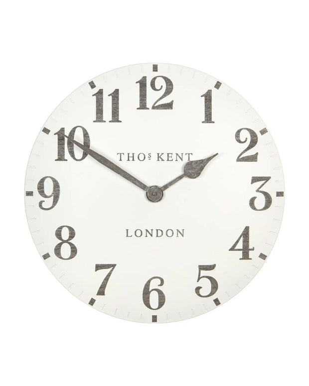 Thomas Kent 20-inch Arabic wall clock by Gallery Direct in limestone white, showcasing a modern clock design with Arabic numerals.