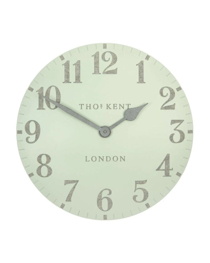 Thomas Kent 20-inch Arabic wall clock in Pearl Green, showcasing a stylish clock with Arabic numerals and modern design.