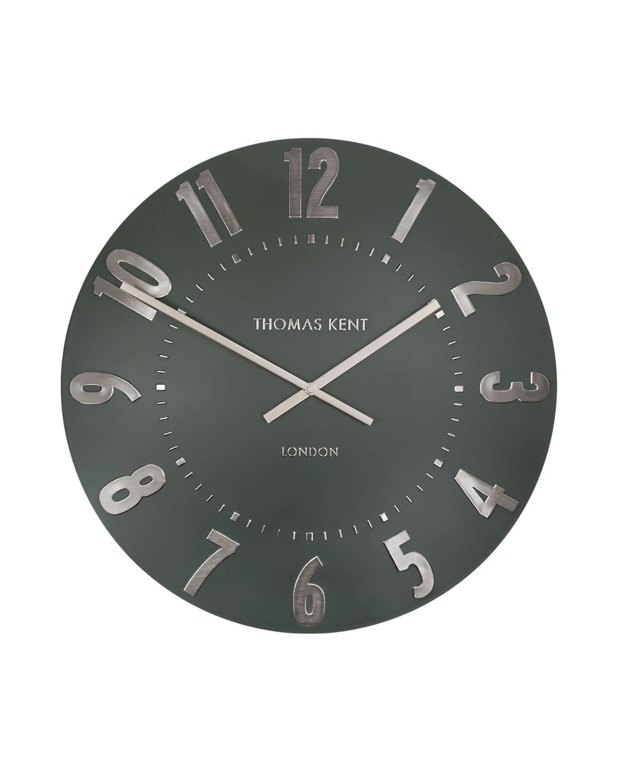 Thomas Kent 20-inch Mulberry wall clock in olive green, showcasing a stylish round clock with bold black hands.