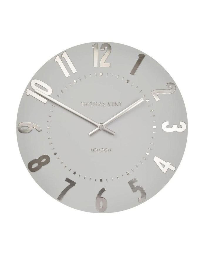 Thomas Kent 20-inch Mulberry Wall Clock by Gallery Direct with a silver cloud design, showcasing a modern decorative clock.