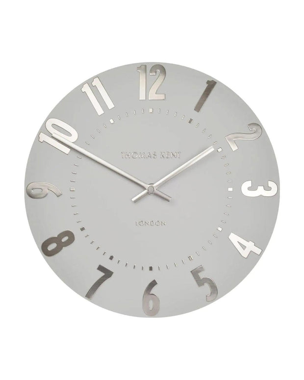 Thomas Kent 20-inch Mulberry Wall Clock by Gallery Direct with a silver cloud design, showcasing a modern decorative clock.