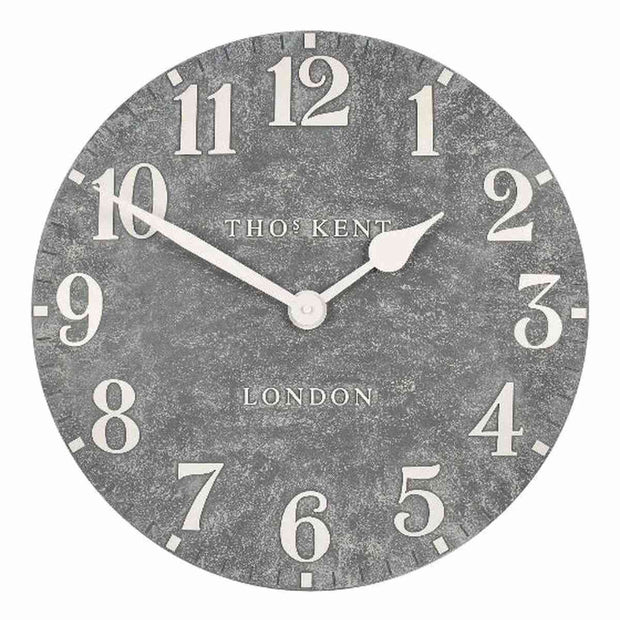 Thomas Kent 20-inch outdoor Arabic wall clock made of cement, designed for garden or patio decor.