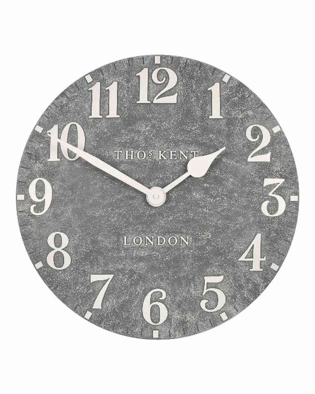 Thomas Kent 20-inch outdoor Arabic wall clock made of cement, designed for garden or patio decor.