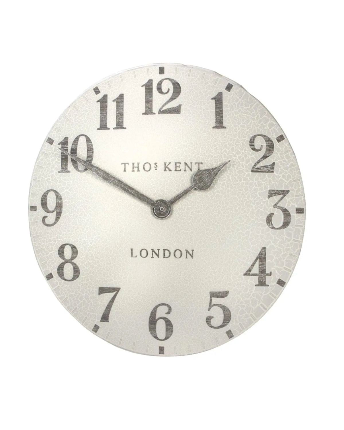 Thomas Kent 20-inch outdoor wall clock with Arabic numerals and crackle finish, suitable for garden or patio decor.