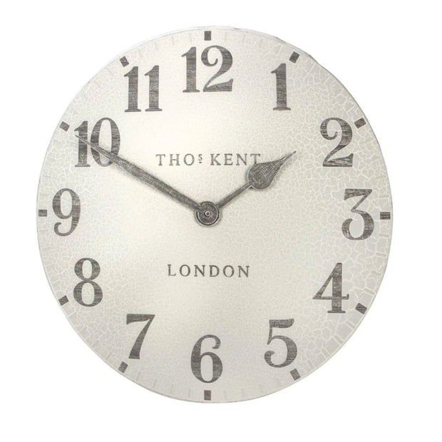 Thomas Kent 20-inch outdoor wall clock with Arabic numerals and crackle finish, suitable for garden or patio decor.