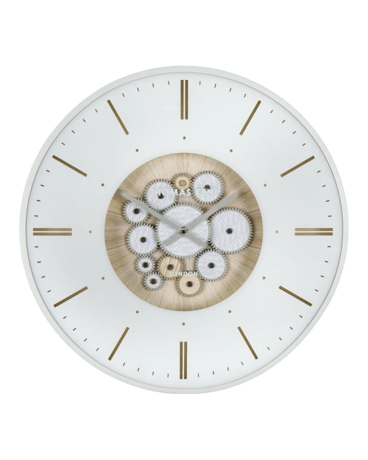 Thomas Kent 21-inch Clocksmith wall clock with ivory finish and cog design, by Gallery Direct.