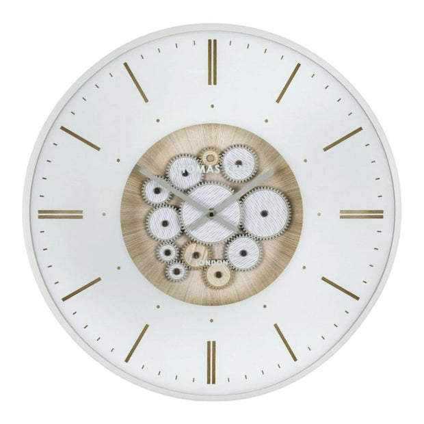 Thomas Kent 21-inch Clocksmith wall clock with ivory finish and cog design, by Gallery Direct.