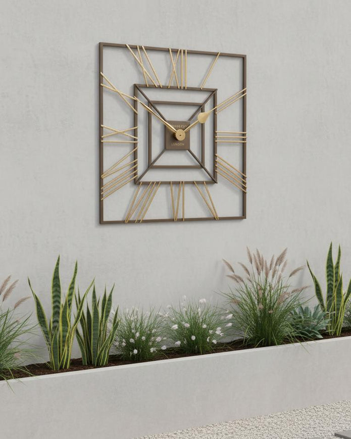 Thomas Kent 24-inch outdoor wall clock by Gallery Direct, square-shaped with a summer house design and classic clock face.