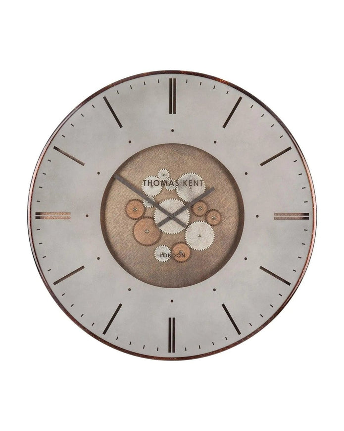 Thomas Kent 30-inch Clocksmith Grand Clock with bronze cog design by Gallery Direct, showcasing intricate clock details.