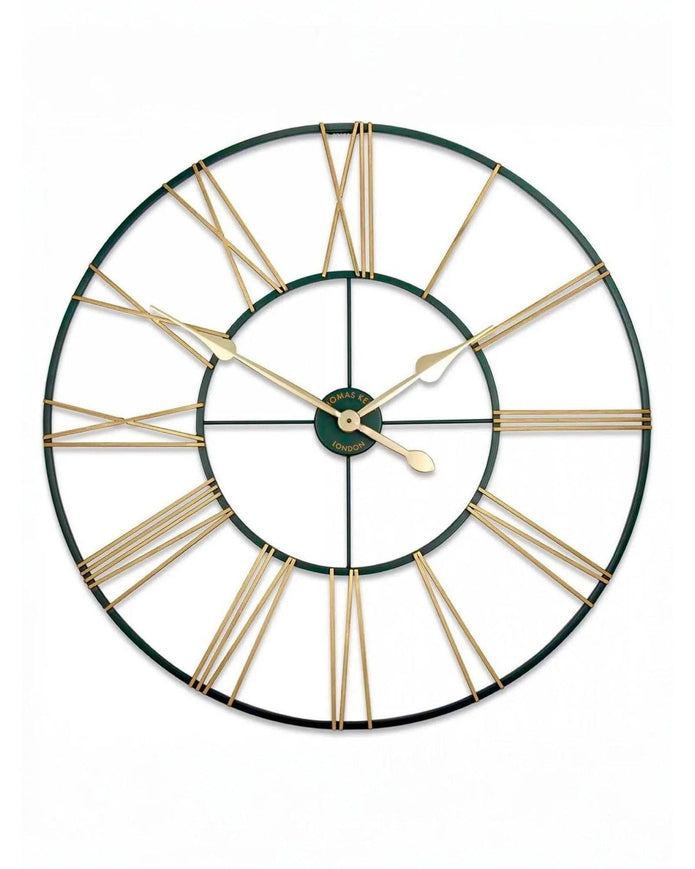 Thomas Kent 32-inch outdoor grand clock with green and gold finish, designed for garden or patio decor.
