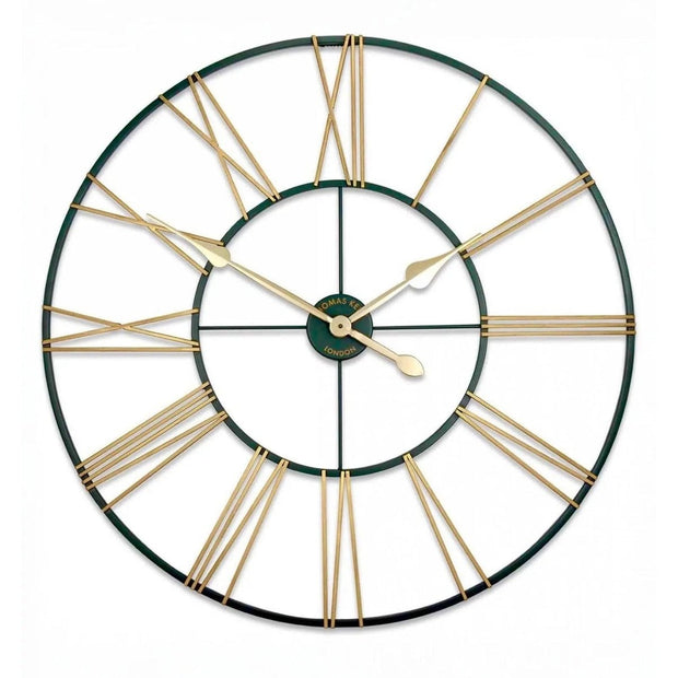 Thomas Kent 32-inch outdoor grand clock with green and gold finish, designed for garden or patio decor.