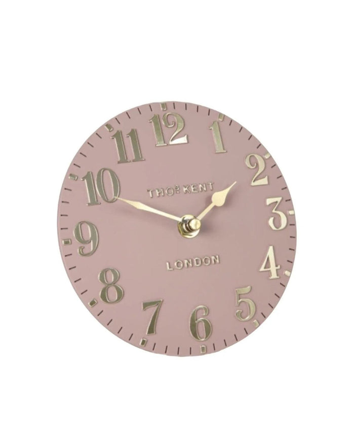 Thomas Kent 6-inch Arabic Mantle Clock in blush pink by Gallery Direct, displayed on a mantel with a classic design.