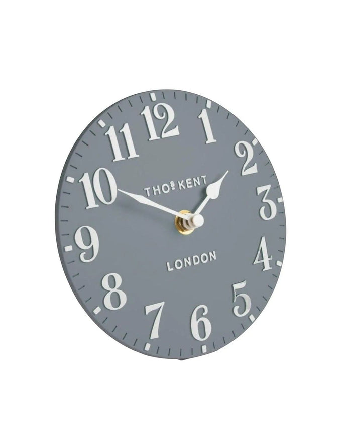 Thomas Kent 6-inch Arabic Mantle Clock by Gallery Direct in Flax Blue, showcasing a stylish blue clock with Arabic numerals.