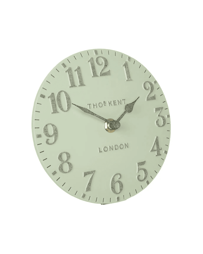 Pearl green Thomas Kent 6-inch Arabic mantel clock by Gallery Direct, featuring a classic design with clear Arabic numerals.