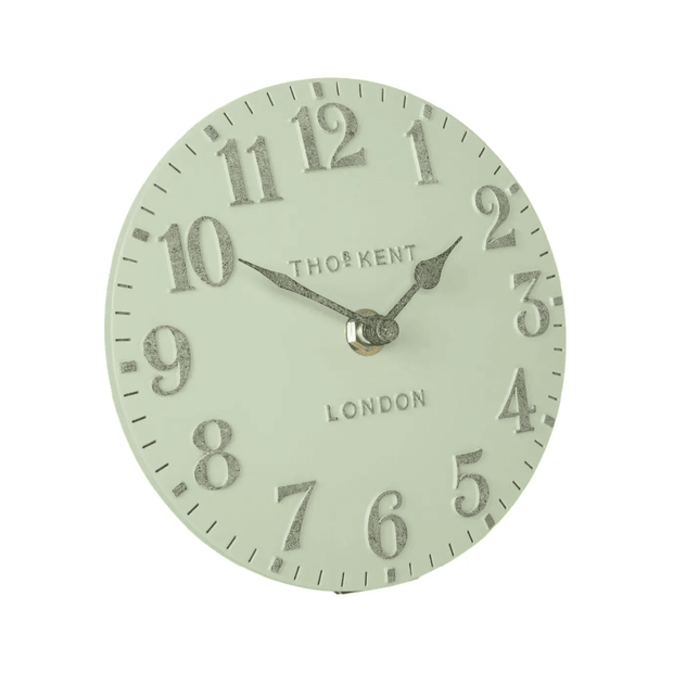 Pearl green Thomas Kent 6-inch Arabic mantel clock by Gallery Direct, featuring a classic design with clear Arabic numerals.