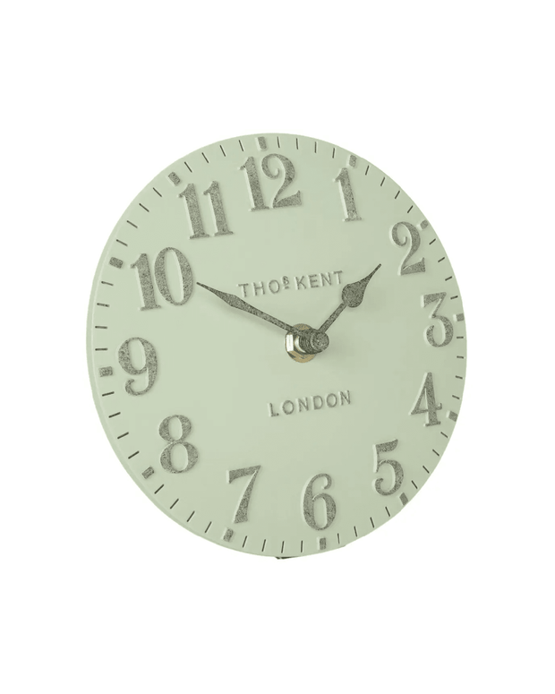 Pearl green Thomas Kent 6-inch Arabic mantel clock by Gallery Direct, featuring a classic design with clear Arabic numerals.