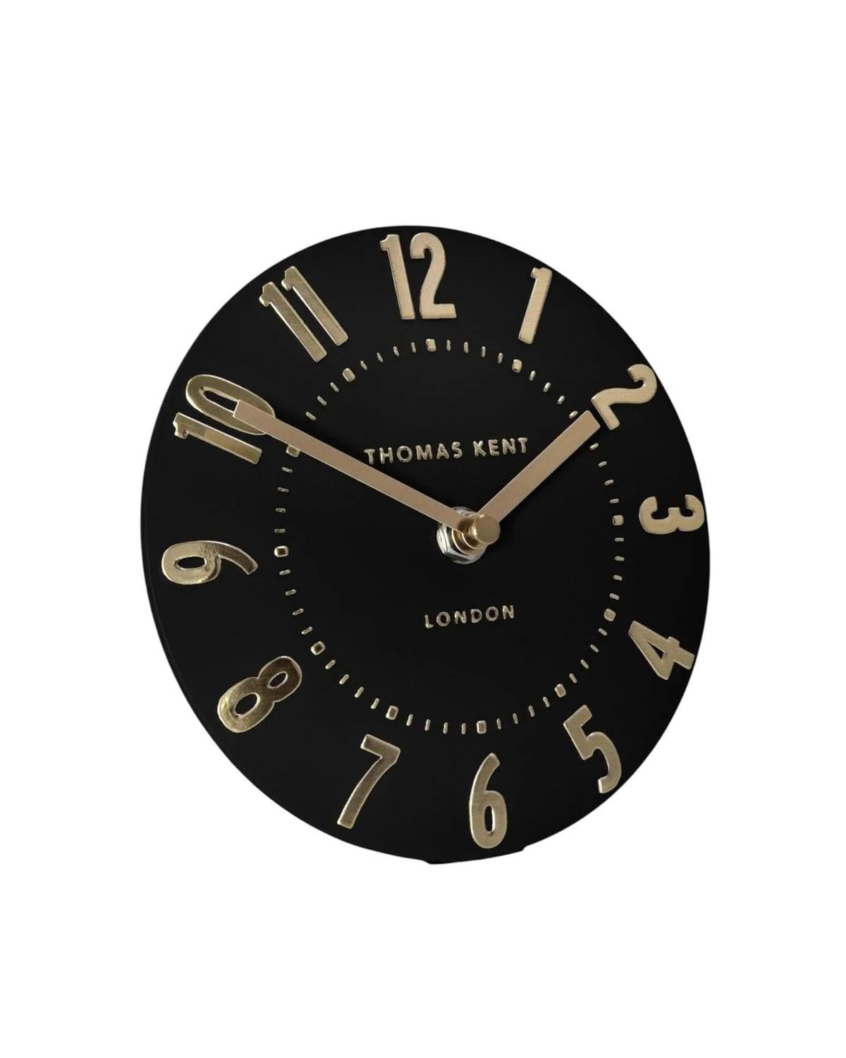 Thomas Kent 6-inch Mulberry Mantle Clock in black noir finish, showcasing a classic clock design with Roman numerals.