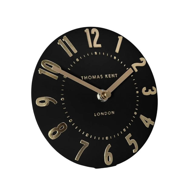 Thomas Kent 6-inch Mulberry Mantle Clock in black noir finish, showcasing a classic clock design with Roman numerals.