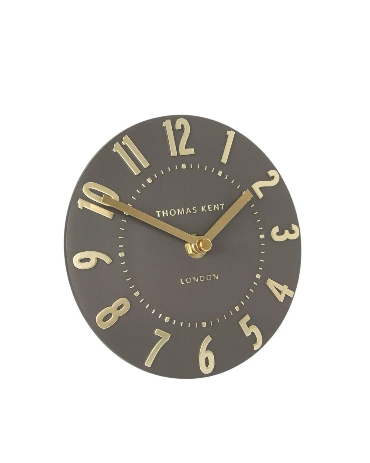 Thomas Kent 6-inch Mulberry Mantle Clock in rich espresso brown with a classic clock face, displayed on a mantle or shelf.