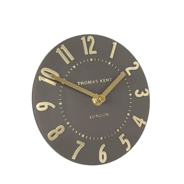 Thomas Kent 6-inch Mulberry Mantle Clock in rich espresso brown with a classic clock face, displayed on a mantle or shelf.