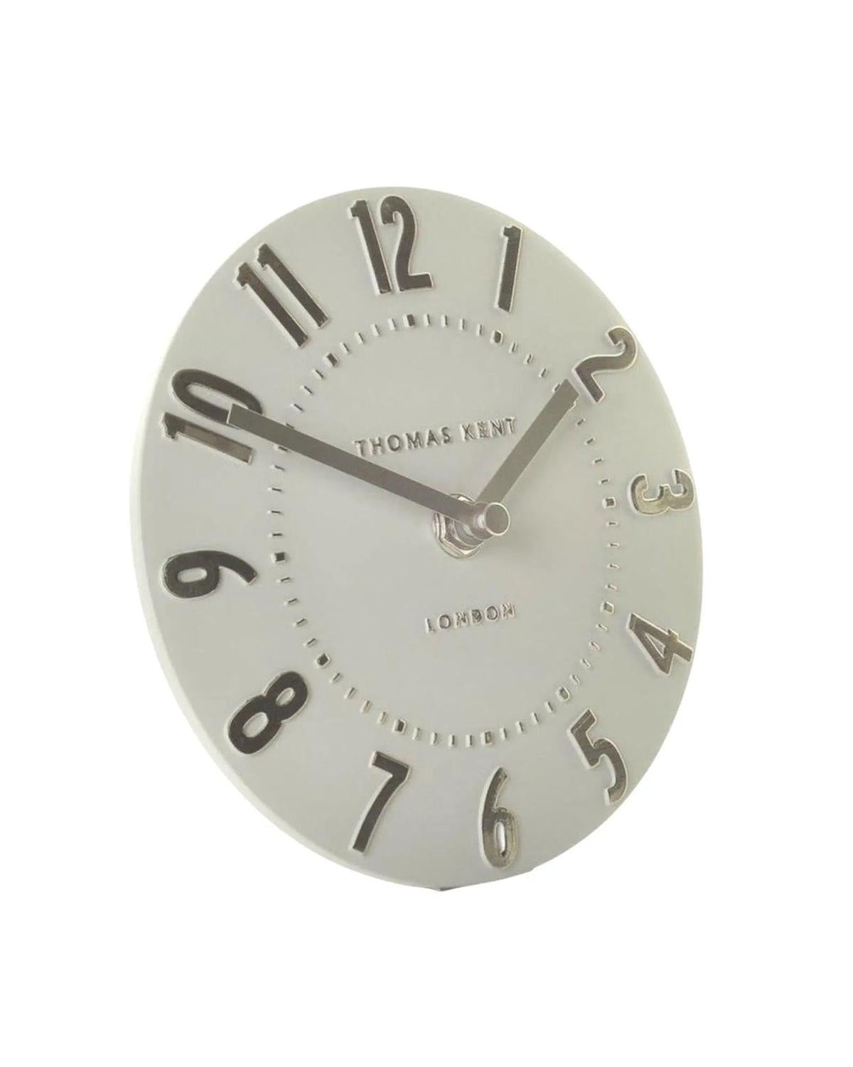 Thomas Kent 6-inch Mulberry Mantle Clock in Silver Cloud finish, showcasing a stylish and elegant clock design by Gallery Direct.