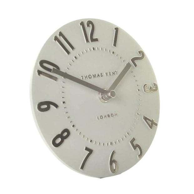 Thomas Kent 6-inch Mulberry Mantle Clock in Silver Cloud finish, showcasing a stylish and elegant clock design by Gallery Direct.