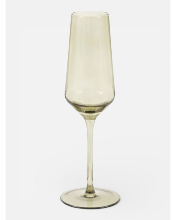 Smokey green single champagne flute glass from Gallery Direct for elegant kitchen and dining use, showcasing a sleek design.