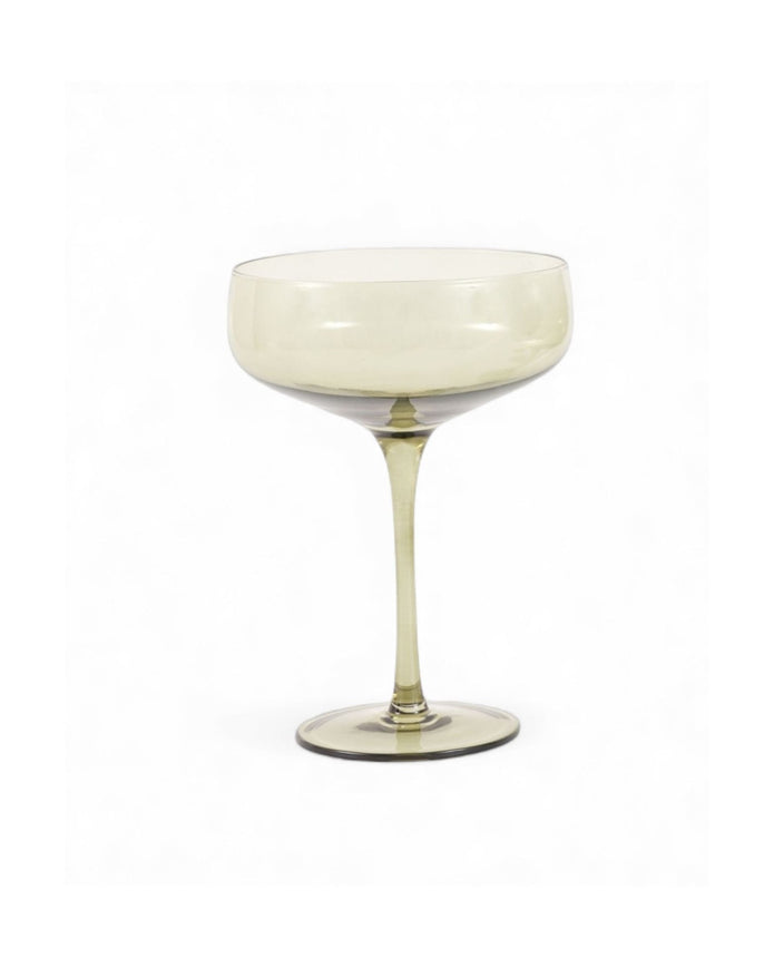 Smokey olive green single cocktail coupe glass from Gallery Direct for kitchen and dining use.