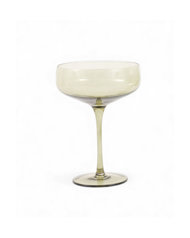 Smokey olive green single cocktail coupe glass from Gallery Direct for kitchen and dining use.