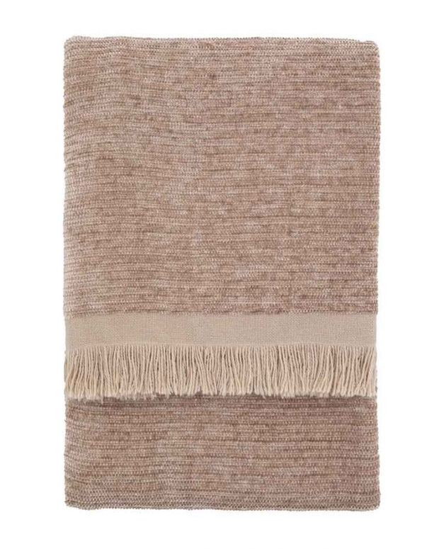 Beige fringed chenille blanket throw from Gallery Direct, soft furnishings with textured fringed edges and cozy chenille fabric.