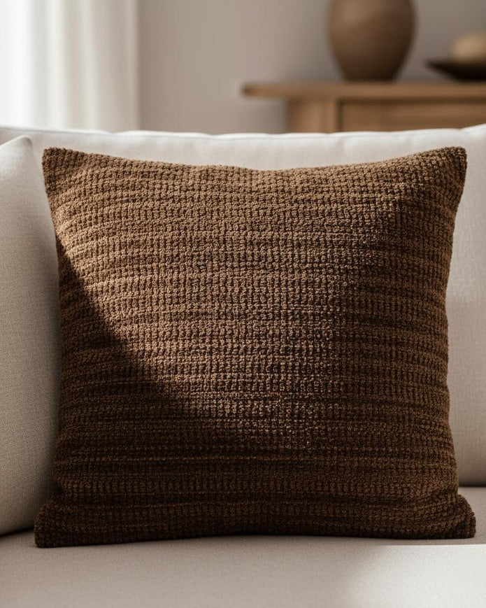 Brown Kendal Chenille cushion cover by Gallery Direct, soft furnishings with plush, textured fabric for cozy home decor.