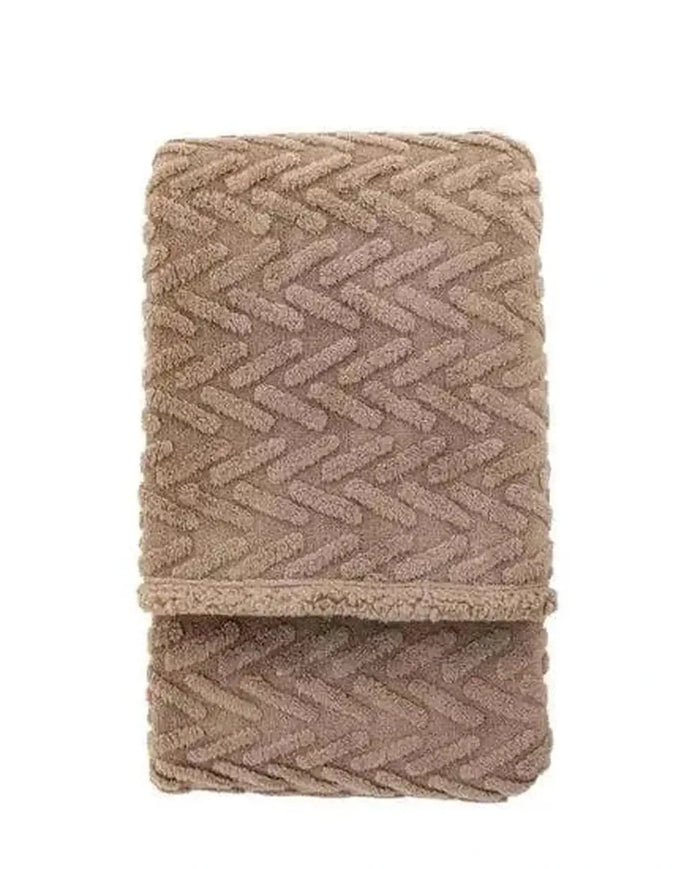Neutral taupe brown herringbone Sherpa blanket throw from Gallery Direct, showcasing soft, cozy textured fabric.