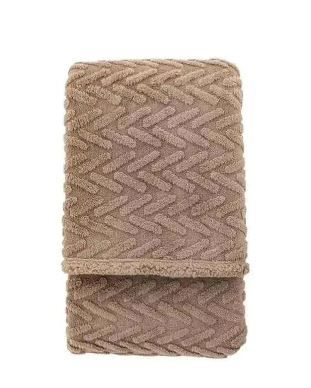Neutral taupe brown herringbone Sherpa blanket throw from Gallery Direct, showcasing soft, cozy textured fabric.