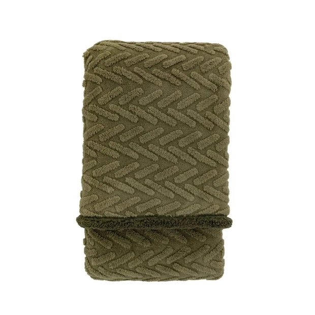 Sage green herringbone sherpa blanket throw from Gallery Direct, showcasing soft, cozy fabric with a stylish herringbone pattern.