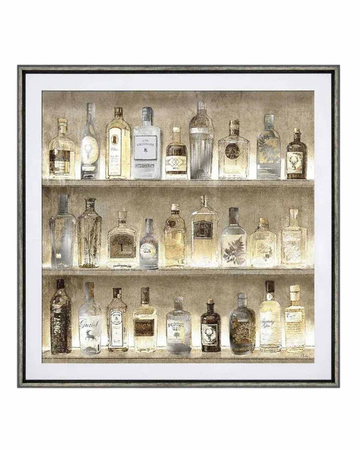 Framed artwork of a shelf with various bottles on a textured background
